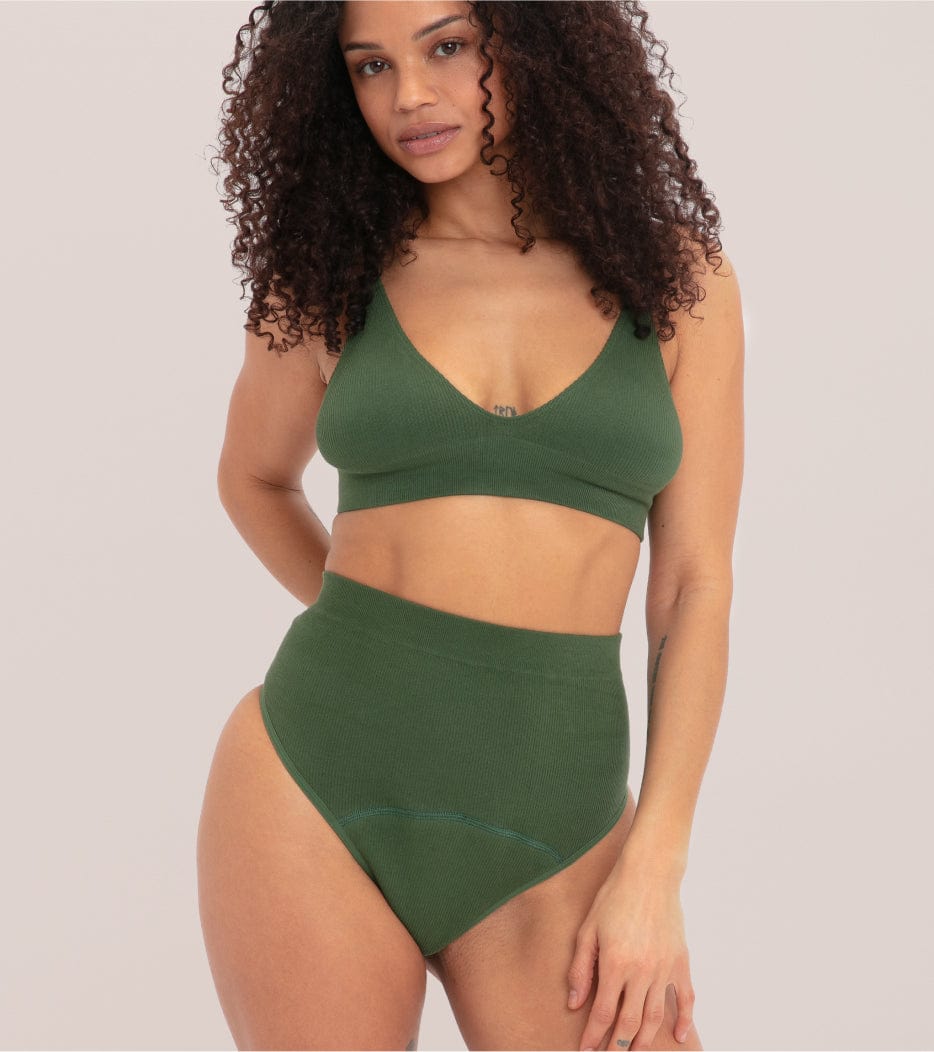 Nahtloser Ripp-High-Waist Tanga - Grün